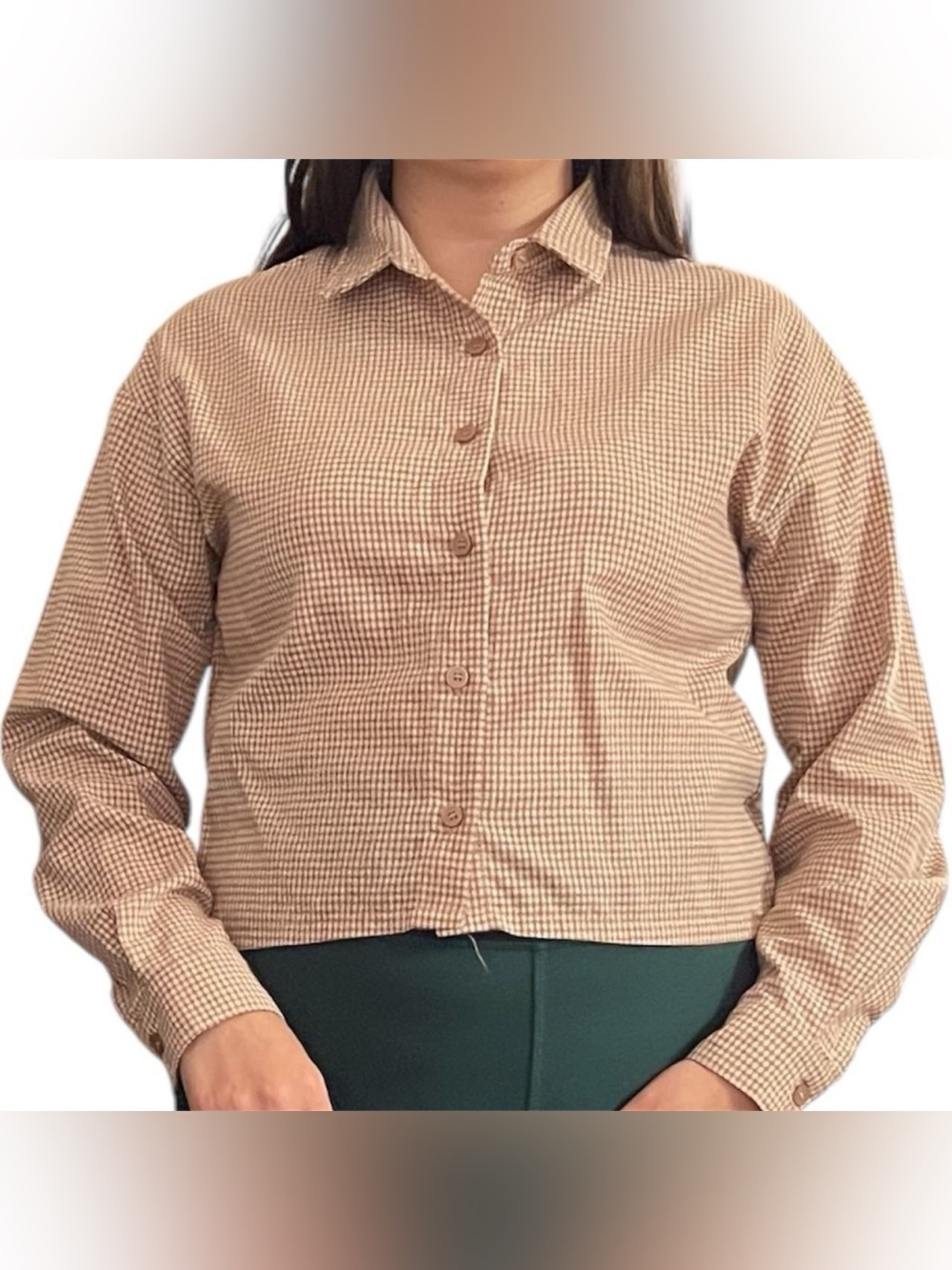 brown gingham button up top. By Camellia.
